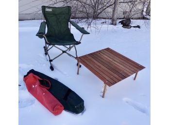 Coleman Folding Camp Rocking Chair & Portable Wood Camp Table, Both With Bags For Transport