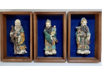 3 Vintage Asian Statues Framed In Shadow Boxes