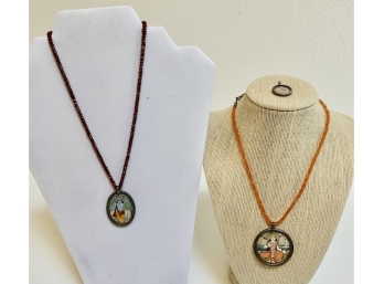 Garnet & Carnelian Beaded Necklaces With Indian Painted Silk Pendants