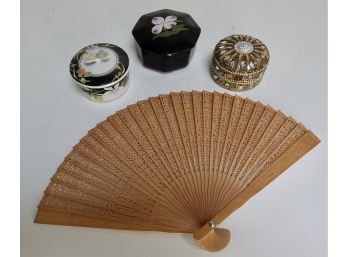 3 Trinket Boxes And Ornate Wood Fan