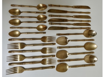 Unmarked Vintage Brass Flatware With Bamboo Motif, Service For 6