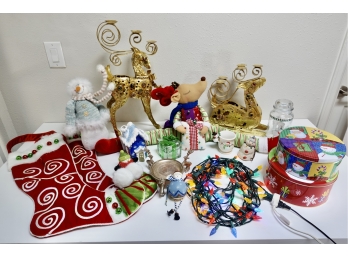 Christmas Decor Including Large Metal Reindeer Candleholders