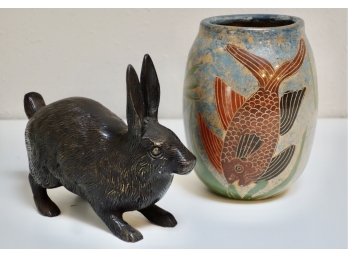 Bronze Rabbit & Signed Ceramic Vase