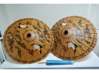 3 Asian Parasols, 2 Painted With Cranes