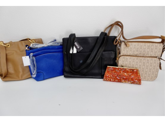 4 New  Purses With Tags & Asian Clutch.  Three Appear To Be Leather.  The Fossil Purse Is Woven.