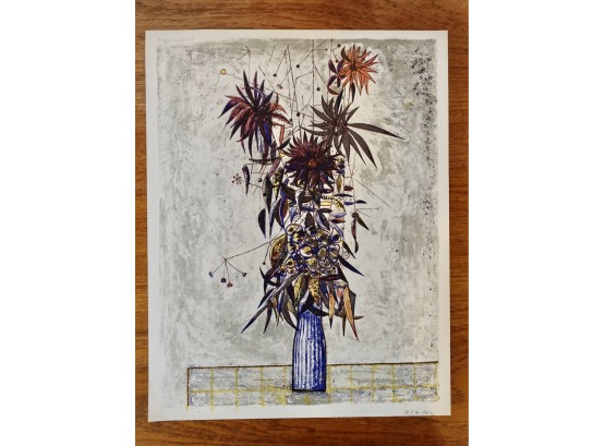 Mid Century Floral Still Life Signed Lithograph, Unframed