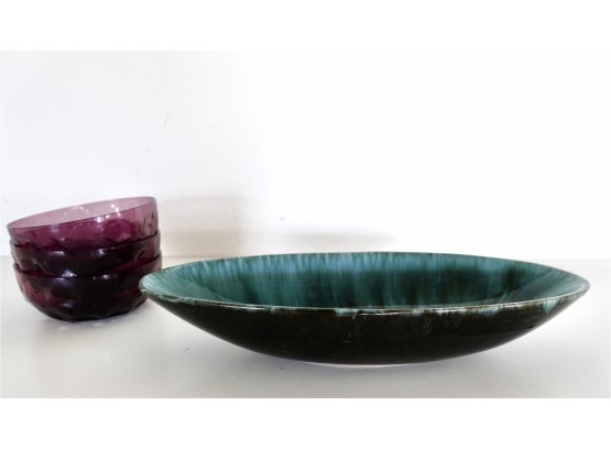 Haeger Style Mid Century Drip Pottery And Amethyst Glass Bowls