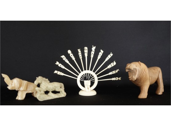 Carved Bone Toothpicks With Holder & Other Animal Figurines
