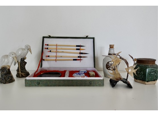 Japanese Writing Set, Vessels, And Figurines