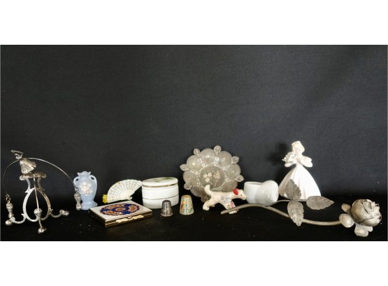 Assorted Small Pretties Including Cloissone Thimble, Occupied Japan Vase, Pill Box, & More
