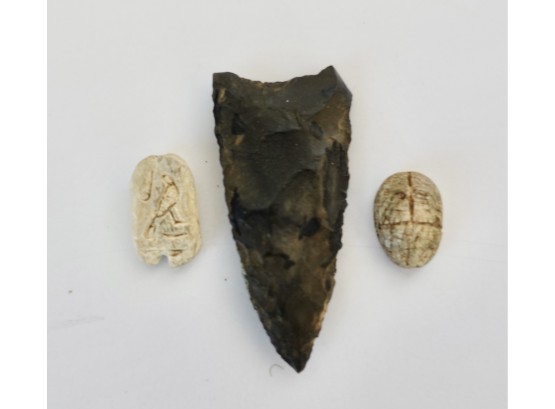 Arrowhead And Carved Steatite Artifacts That Appear Egyptian, 1 Is A Scarab