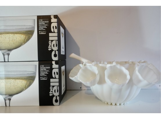 Milk Glass Punch Bowl With 11 Cups & 8 Champagne Glasses