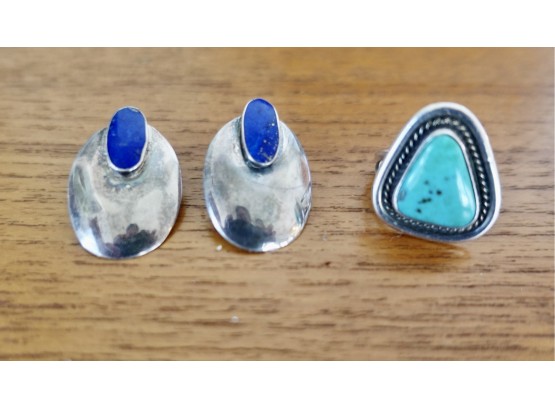 Turquoise Ring & Labradorite & Sterling Post Earrings
