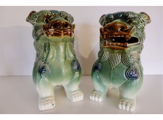 2 Ceramic Chinese Lions In Greens And Browns