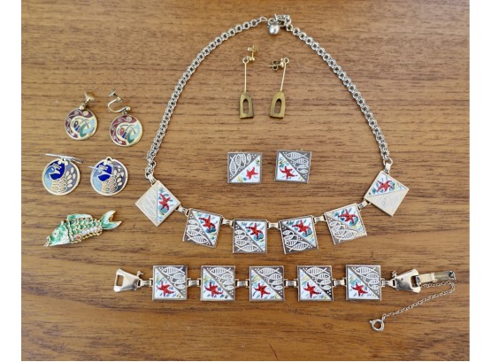 Vintage Mod Enamel Necklace, Earrings, And Bracelet With Cloissone Jewelry