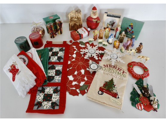 Christmas Dcor Including Nativity, Soaps, Tea Towels, Candle Holders, Napkin Rings, Candles, & More