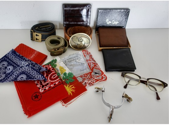 Men's Vintage Glasses, Pierre Cardin Wallets, Tooled Leather Belt With Brass Buckle, Boyscout Belt, & More