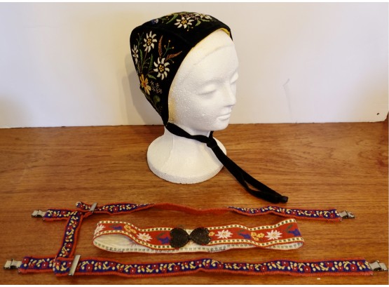 Vintage Embroidered Velvet Children's Cap, Suspenders, And Belt With Metal Heart Clasp