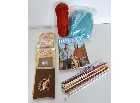 Knitting Supplies, Vintage Knitting Book, & Crewel Kits