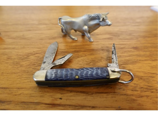 Vintage Camillus Cub Scout Pocket Knife And Pewter Bull Figurine
