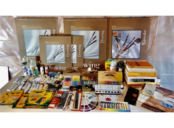 Huge Collectinon Of Art Supplies And Books Including Pastels, Watercolors, Acrylic Paints, Drawing Pencils, Br
