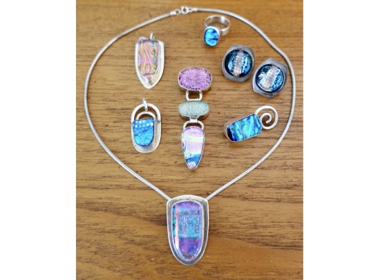 Dichroic Glass Pendants, Pins, Earrings, And Ring.
