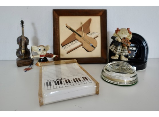 Gifts For A Musician Including Music Box, Wood Inlay Art Piece, Notepad, And Brass Plated Salerni Violin By Ro
