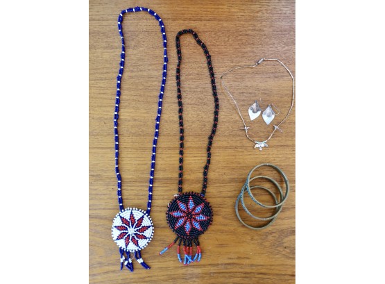 Native American Beadwork, Turquoise Bracelets, Necklace With Turquoise Beads,  & Sterling Earrings