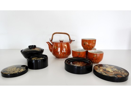 Japanese Tea Set & Black Lacquer Lidded Bowl, Coasters, & Little Plates