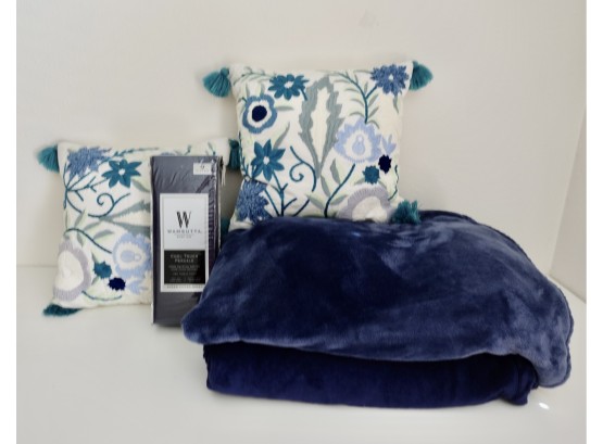 2 Plush Blue Blankets, New Queen Fitted Sheet, & 2 Throw Pillows