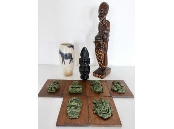 Tribal Pieces Including African Wood Carving & Stone Vase And South Pacific Stone Figurine And Plaques