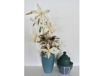 Vintage Hanger Vase With Faux Flowers & Peacock Feathers, And Lidded Pottery