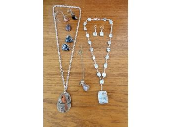 Stone Jewelry Including Matching Necklace And Earrings, Stone Pendants, And Stone Earrings