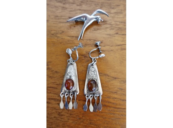Gorgeous Vintage Israeli Sterling Earrings And Seagull Pin