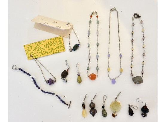 Assorted Necklaces, Bracelets, And Zipper Pulls With Semiprecious Stones Including Amethyst & Chalcedony