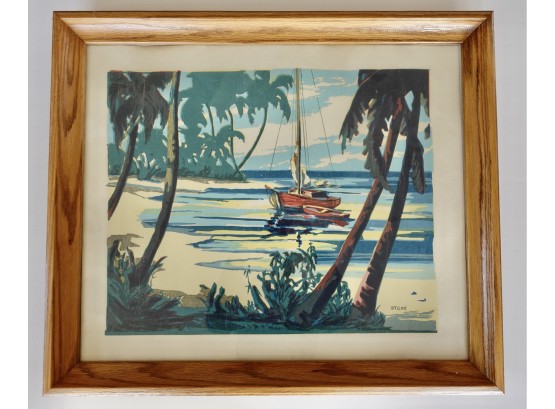 Vintage Colored Print Of Boat And Ocean Circa 1940s