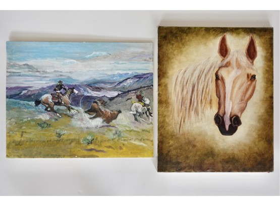 Two Original Oil Paintings On Canvas/board Of Western Scene And Horse