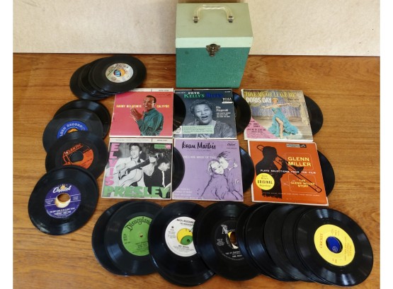 Assorted 45 RPM Records With Box