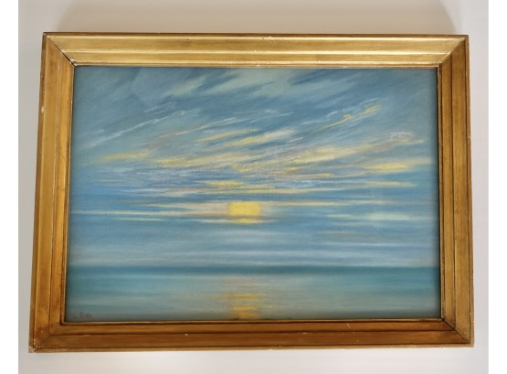 Original Mid Century Colored Pencil/chalk Art Of Ocean Sunset By L Pitts In Original Frame