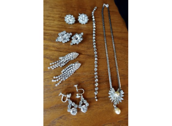 Vintage Rhinestone Necklace, Bracelet, & Clip On Earrings