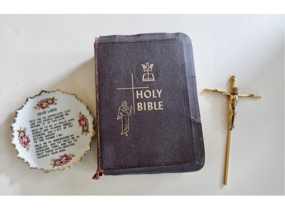 Lot Of Religious Items: Crucifix, Catholic Family Bible, And Prayer Plate