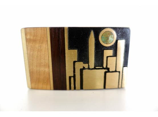 Kenneth Reid Belt Buckle In Brass, Wood, And Turquoise