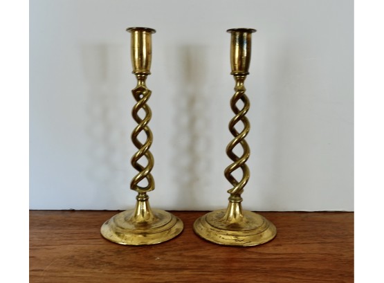 Pair Of Vintage Twisted Brass Candlesticks