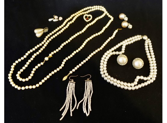 Faux Pearl Necklaces, Clip On Earrings, Bracelet, & Avon Pin