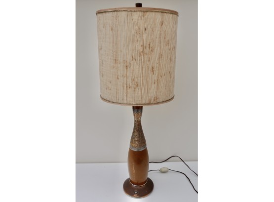 Mid Century Wood And Stamped Metal Table Lamp
