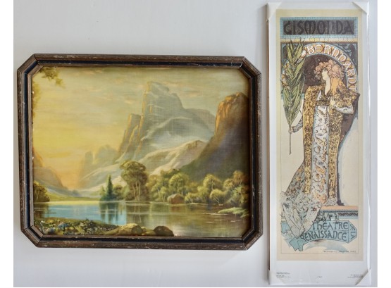 Art Nouveau Reproduction Print  And Vintage 1920/30's Print Of Mountains With Period Frame (no Glass)