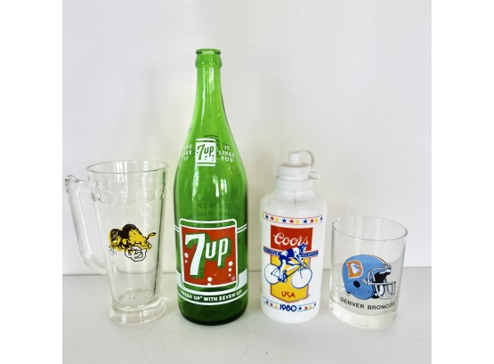 Vintage 7 Up Bottle, Sports Glasses, & Boulder Sports Memorabilia