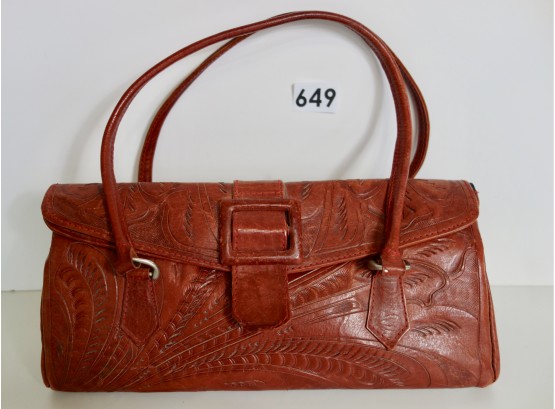 Red Tooled Leather Leads In Leather Handbag