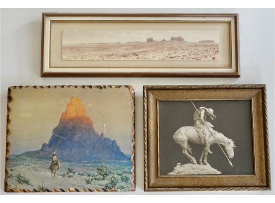 Lot Of 3 Western Motif Images: 1970's Desert Panorama/wood Lone Ranger At Sunset/end Of The Trail