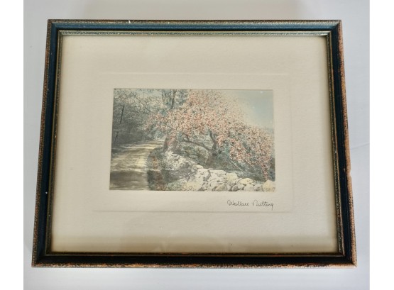 Original Signed Wallace Nutting Hand Colored Photograph Of Country Road With Blossoming Tree In Period Frame